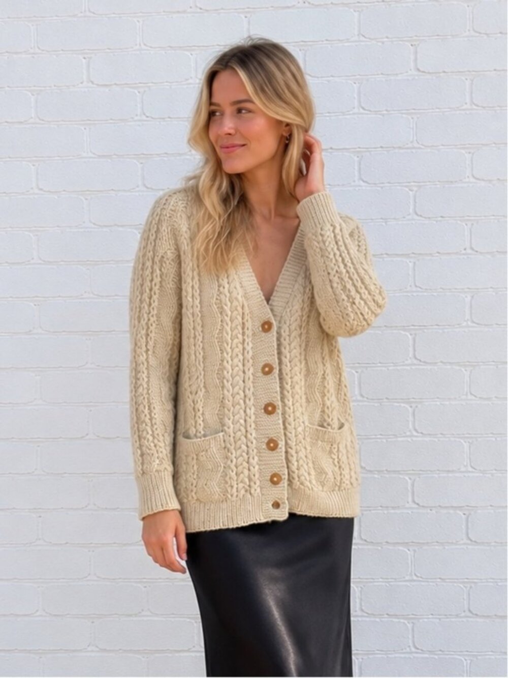 Vintage Wool Cardigan Sweater Fisherman Irish Cable Knit Beige Off White Medium
